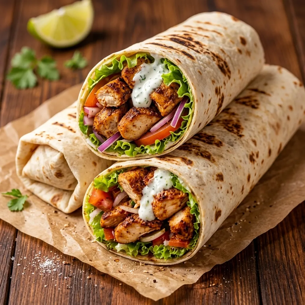 Spicy Chicken Wrap with creamy spicy sauce at Saboos Chilliwack